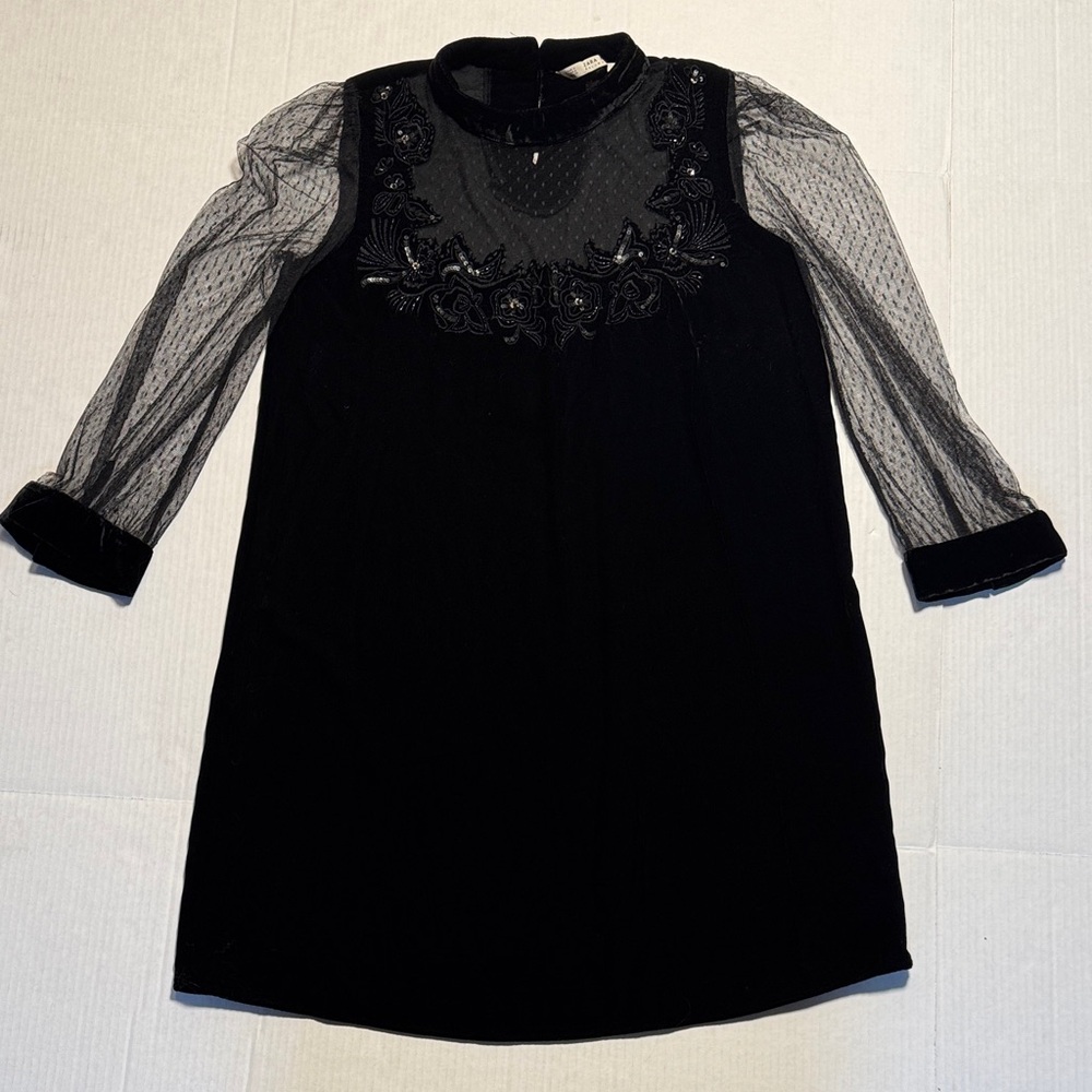 ZARA Vintage Basic Collection Black Goth Velvet Mini Dress Sheer Lace Sleeves M‎